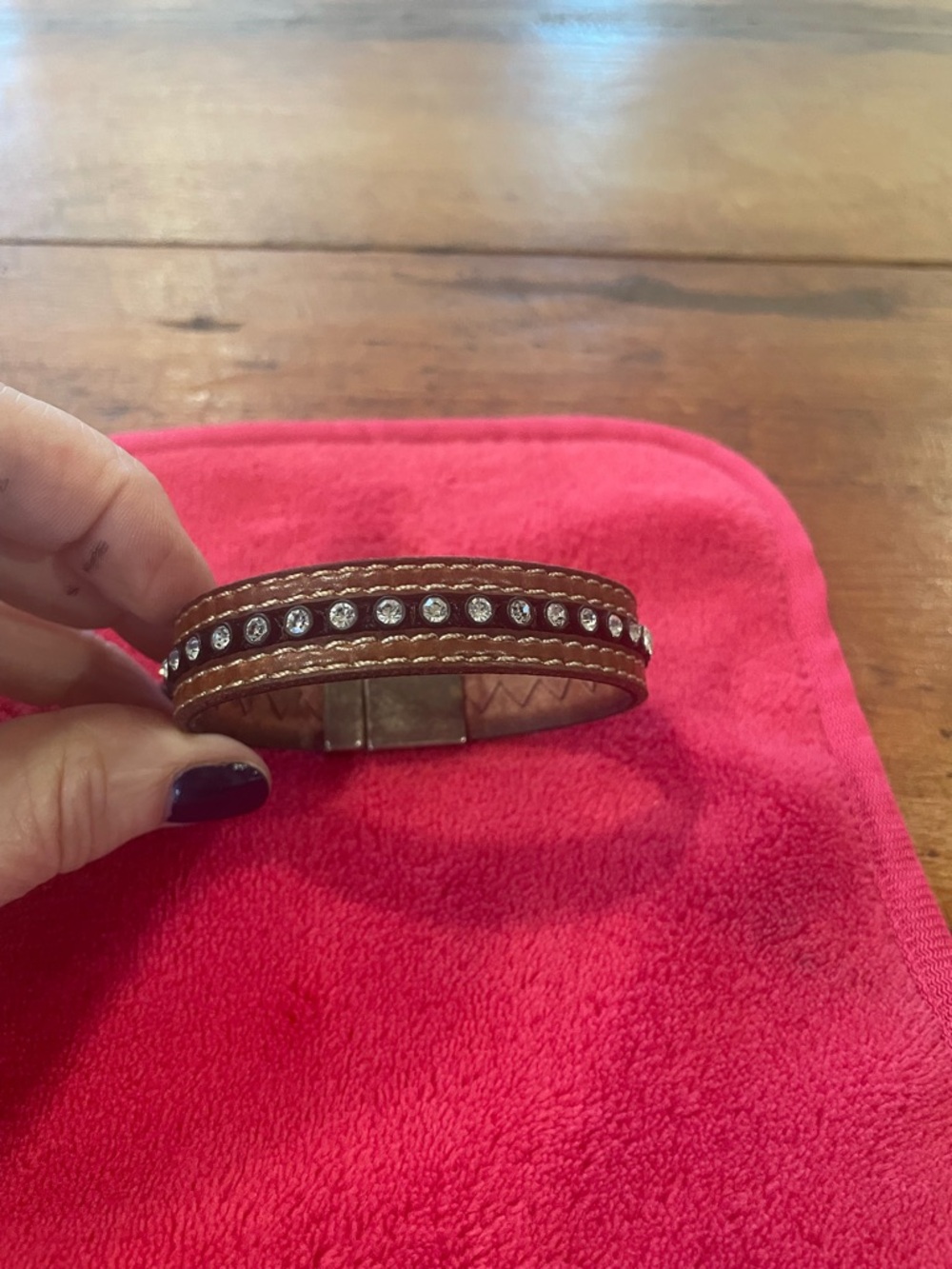 Crystal-Embellished Brown Leather Wrap Bracelet